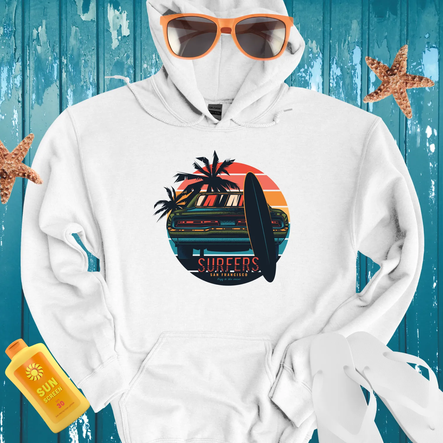 Retro Surfers Hoodie With Classic Car And Sunset Design