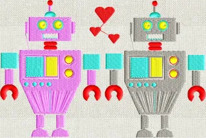 Robot Love - Valentines Day themed - EMBROIDERY DESIGN FILE- Instant download - Exp Jef Vp3 Pes Dst formats - 5x7 hoops and larger