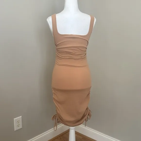 Ruched Khaki Ribbed Midi Dress