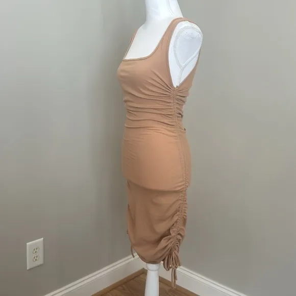 Ruched Khaki Ribbed Midi Dress