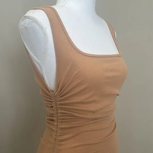 Ruched Khaki Ribbed Midi Dress