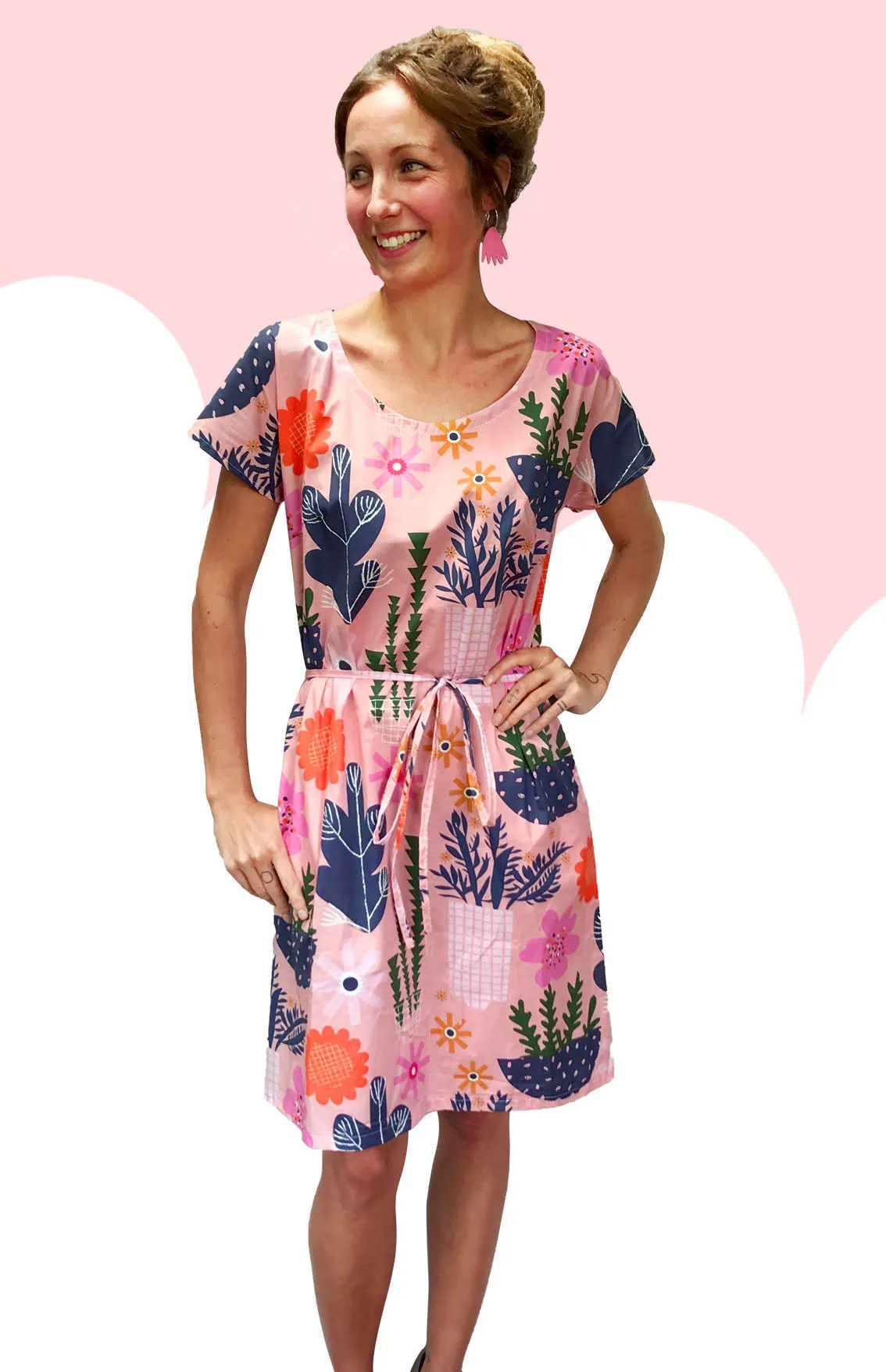 SALE Peach Retro Pot Plant Garden 100% cotton dress with pockets (cap sleeves)