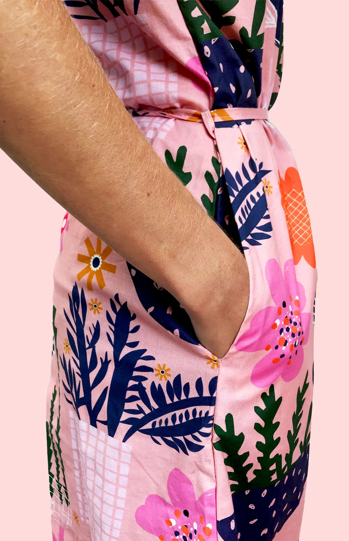 SALE Peach Retro Pot Plant Garden 100% cotton dress with pockets (cap sleeves)