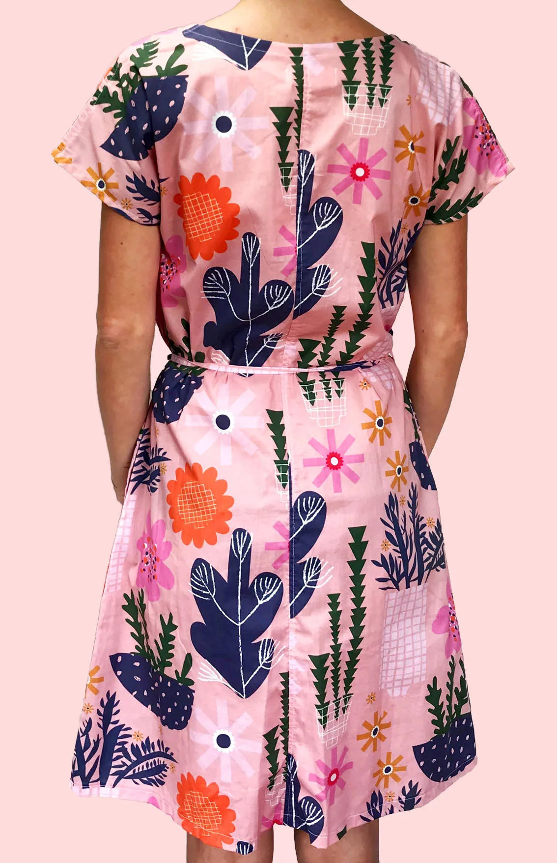 SALE Peach Retro Pot Plant Garden 100% cotton dress with pockets (cap sleeves)