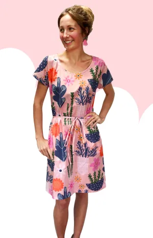 SALE Peach Retro Pot Plant Garden 100% cotton dress with pockets (cap sleeves)