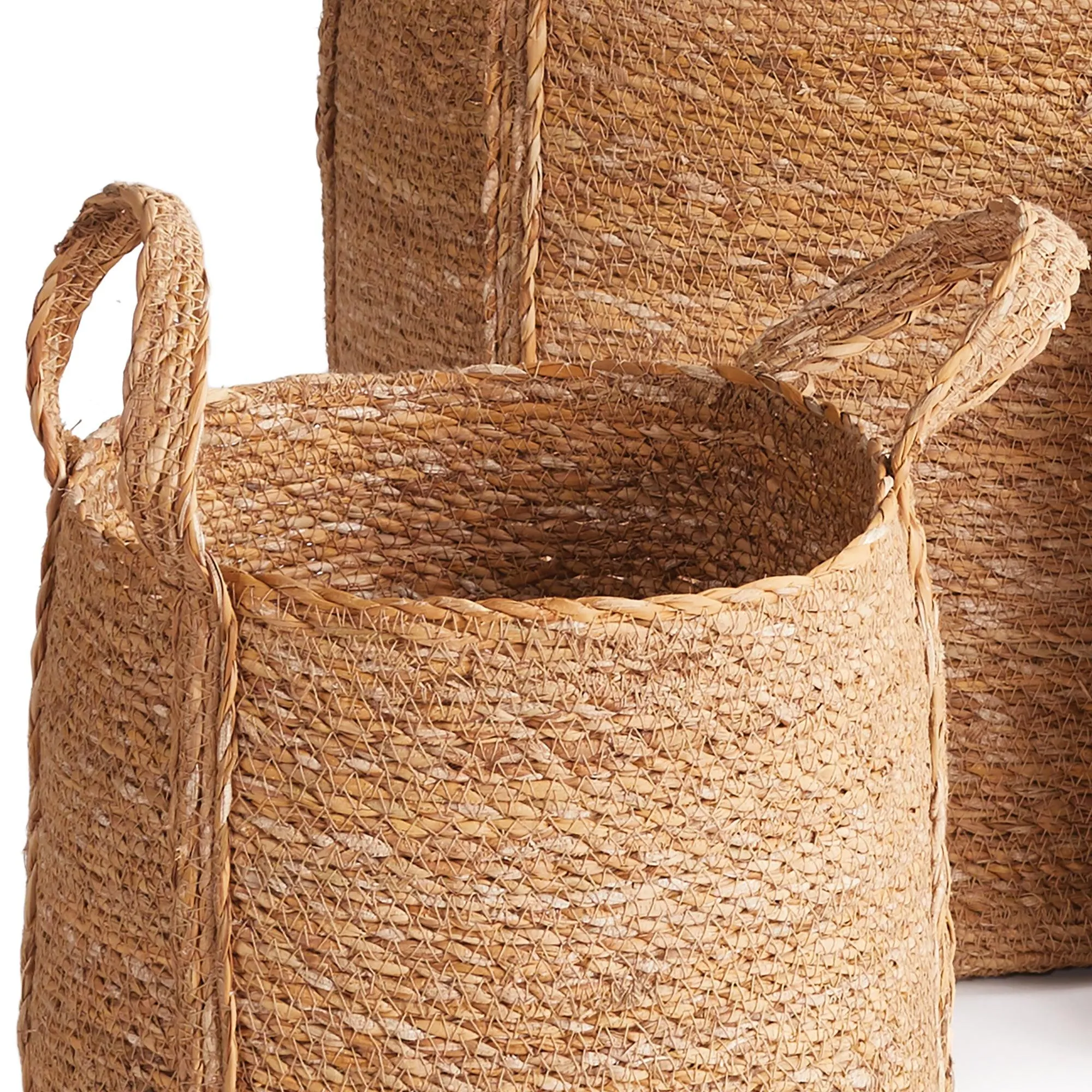 Seagrass Round Baskets With Long Handles, Set Of 3