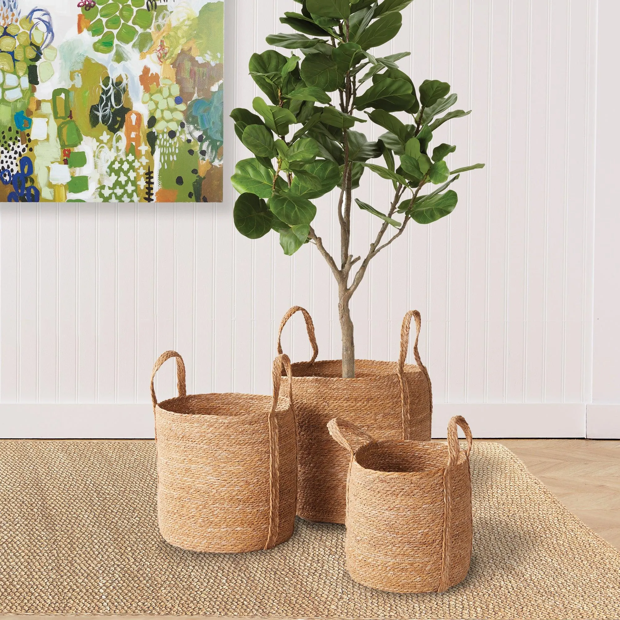 Seagrass Round Baskets With Long Handles, Set Of 3