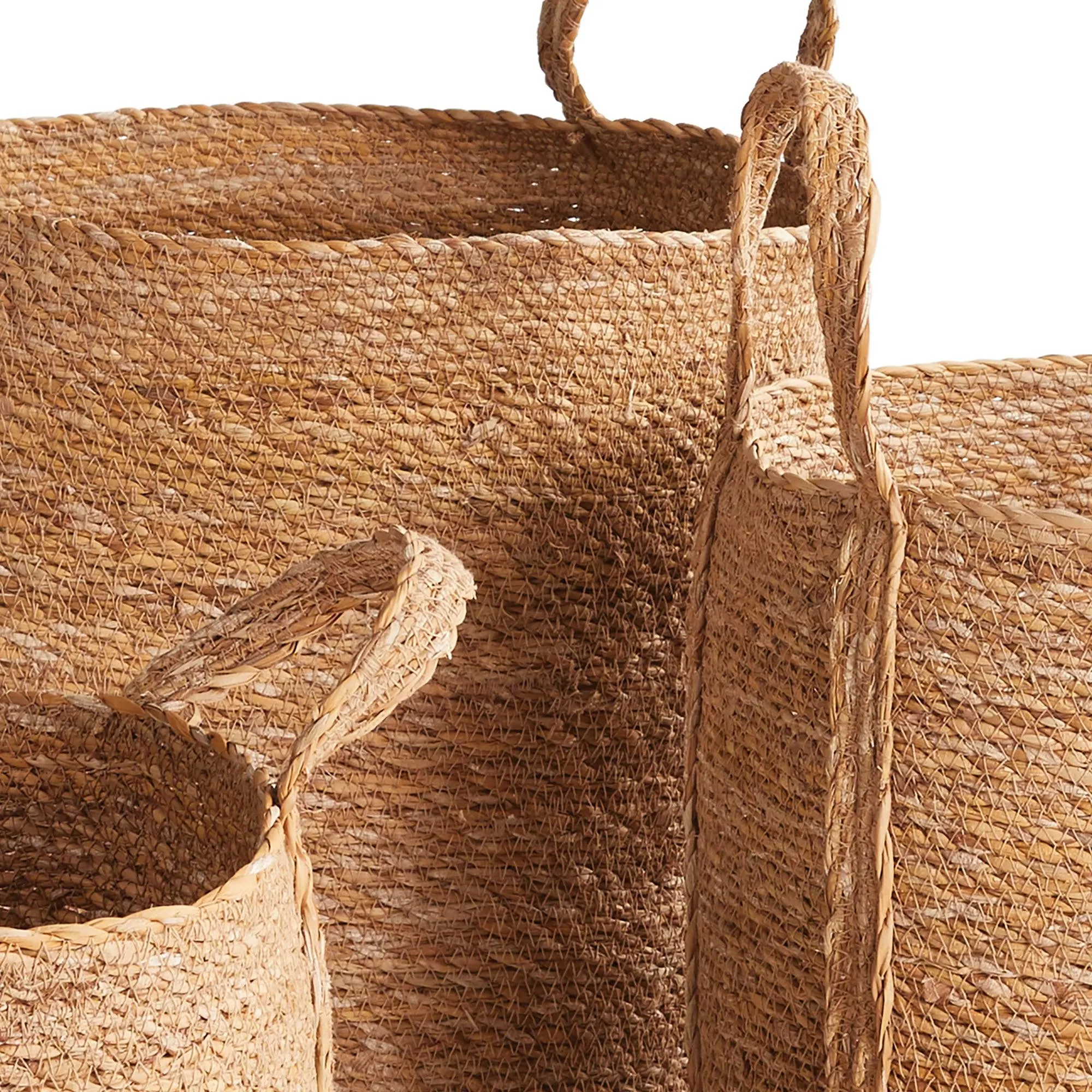 Seagrass Round Baskets With Long Handles, Set Of 3
