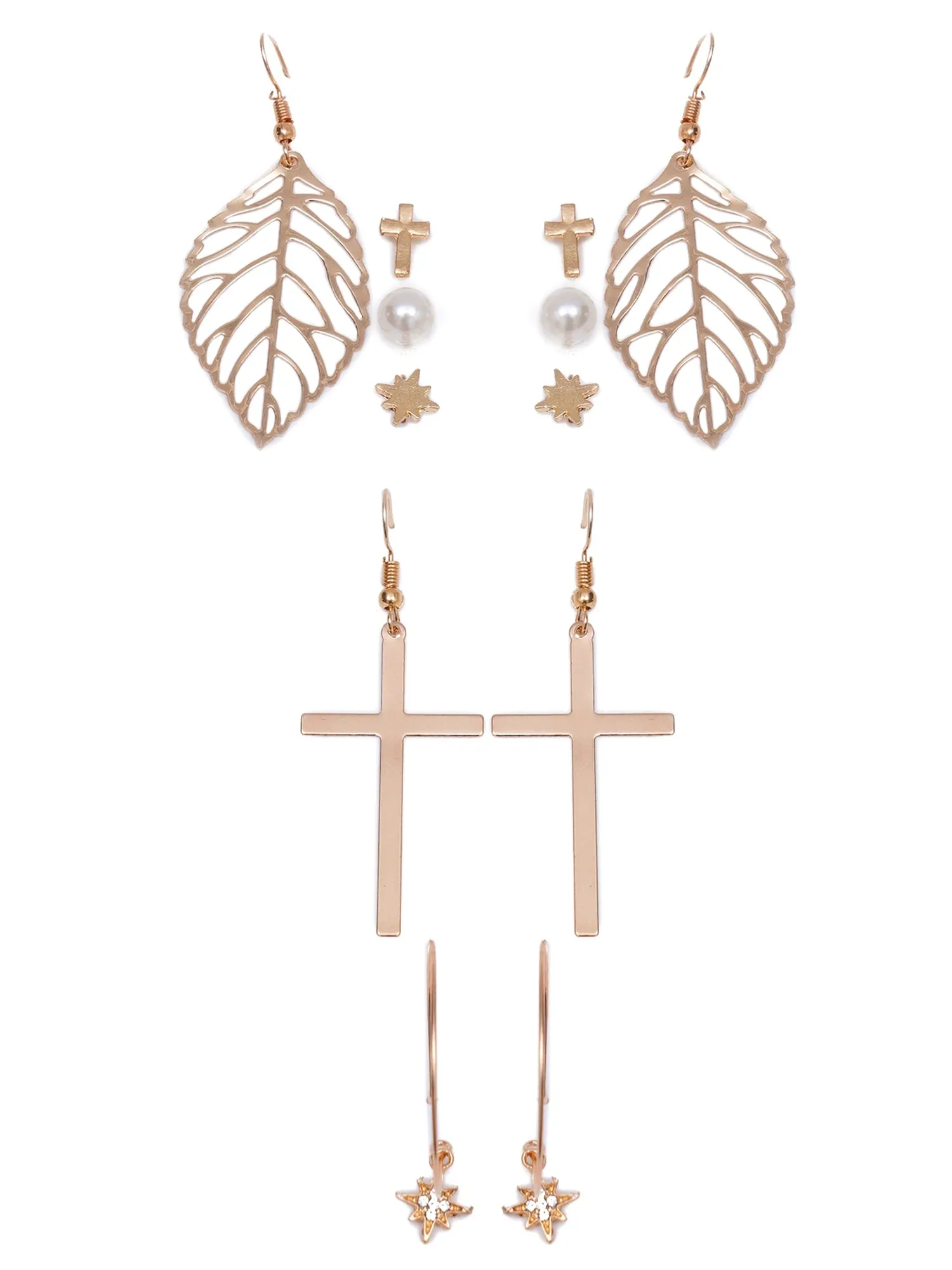 Set of 6 Gold Plated Cross Shape Earrings for Women