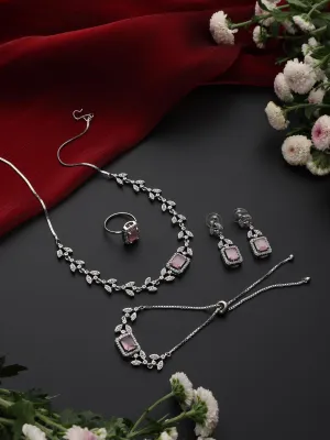 SET - Pink Petal Diamond Necklace, Earring, Ring, Bracelet
