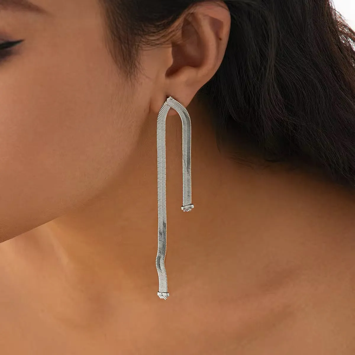 Simple Luxury Design Long Flat Snake Chain Earrings