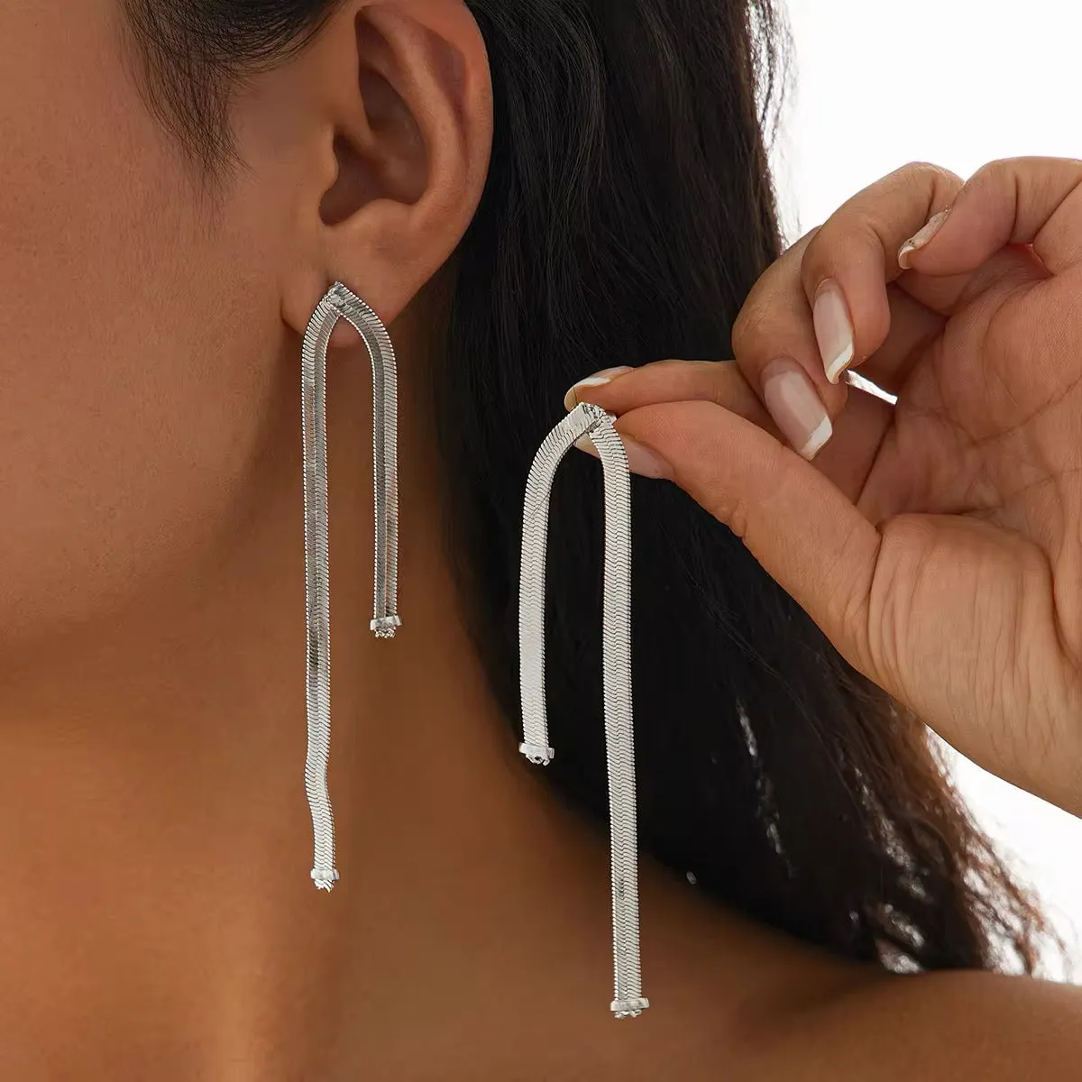 Simple Luxury Design Long Flat Snake Chain Earrings