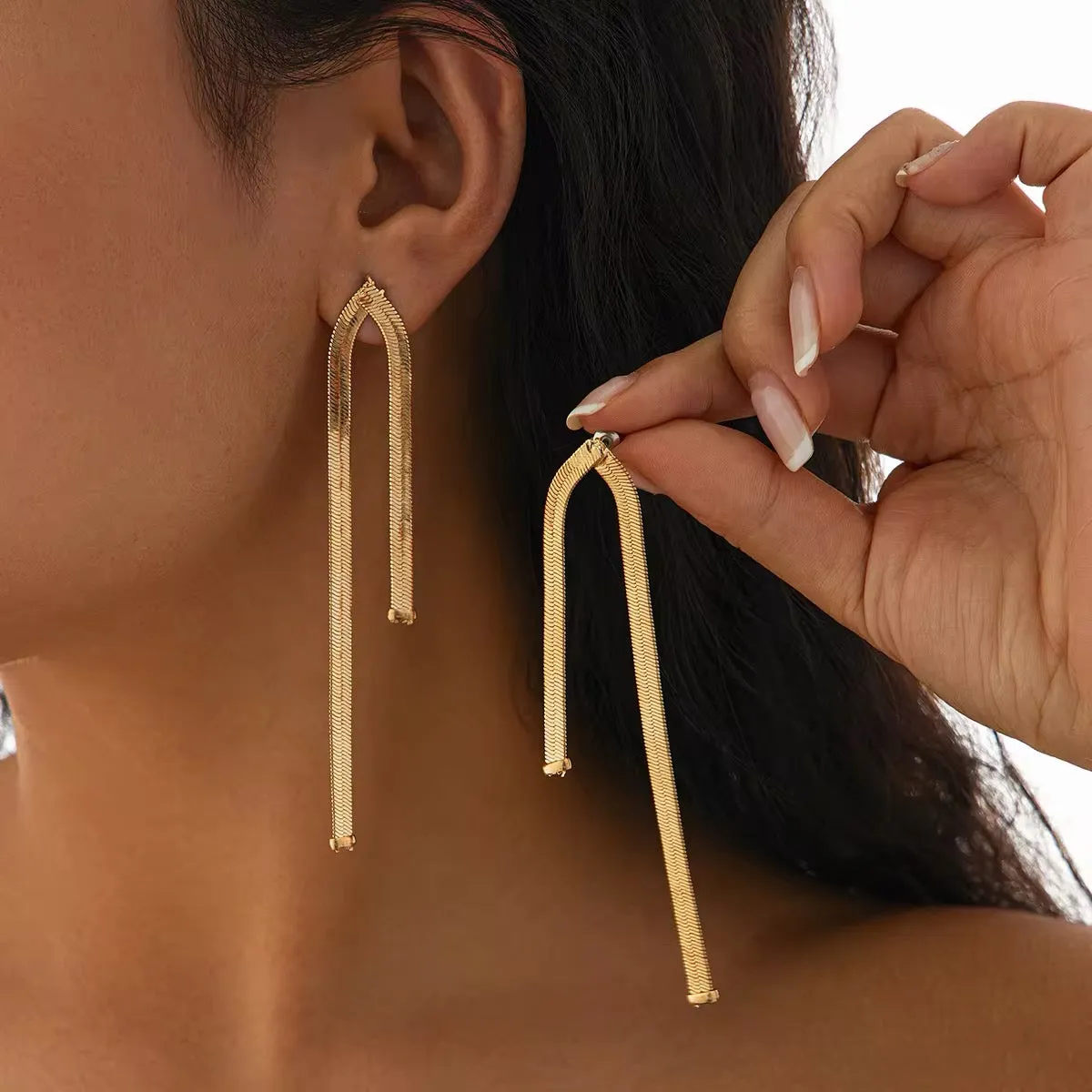 Simple Luxury Design Long Flat Snake Chain Earrings