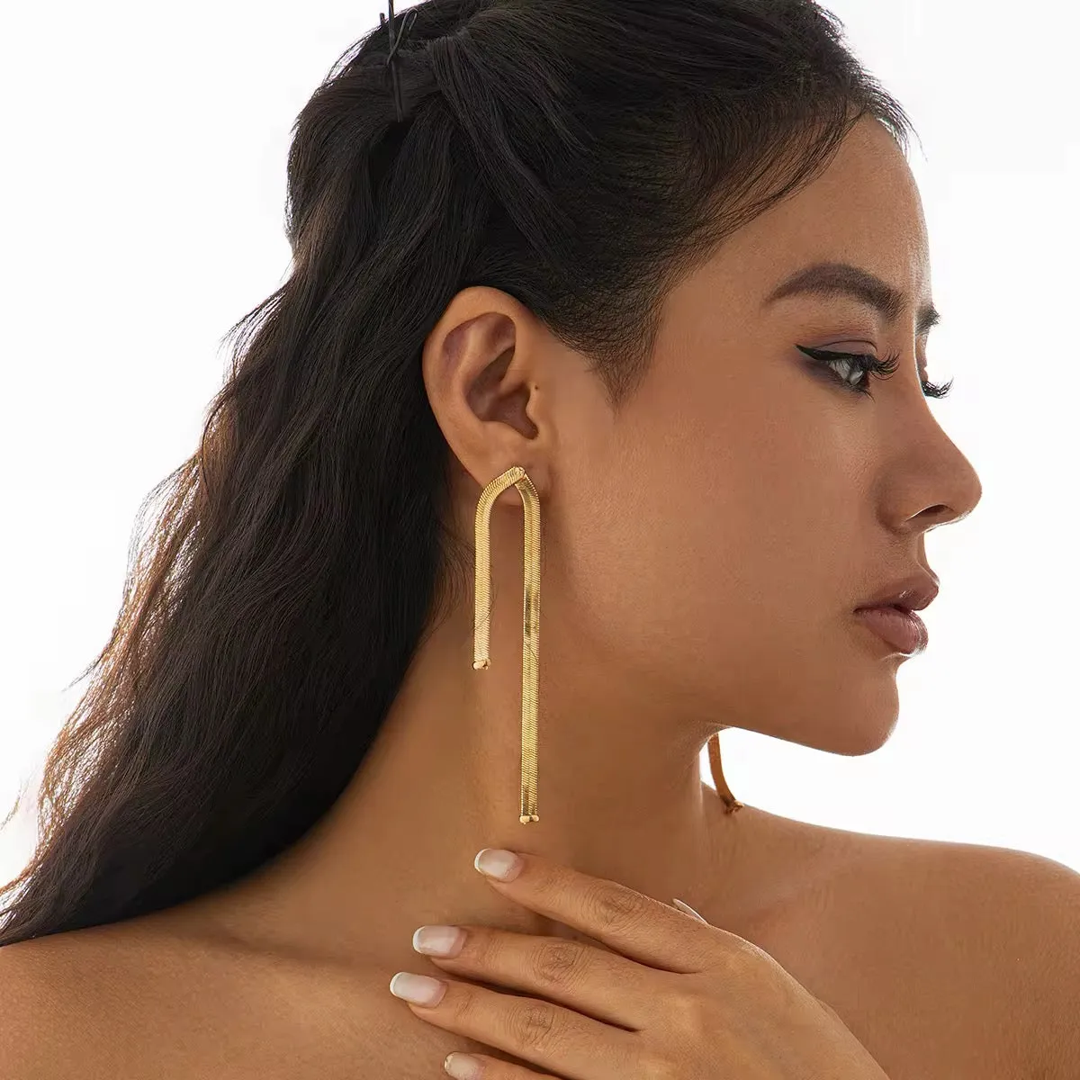 Simple Luxury Design Long Flat Snake Chain Earrings