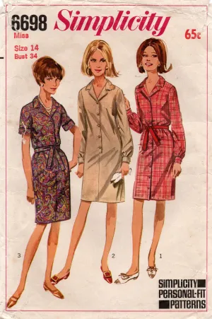 Simplicity 6698 Womens Classic Shirtdress 1960s Vintage Sewing Pattern Bust 34 or 36 inches