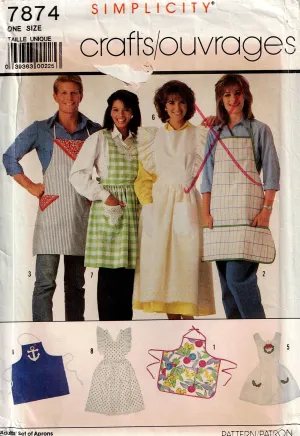 Simplicity 7874 Womens / Mens Set of Kitchen Aprons 1980s Vintage Sewing Pattern ONE SIZE UNCUT Factory Folded
