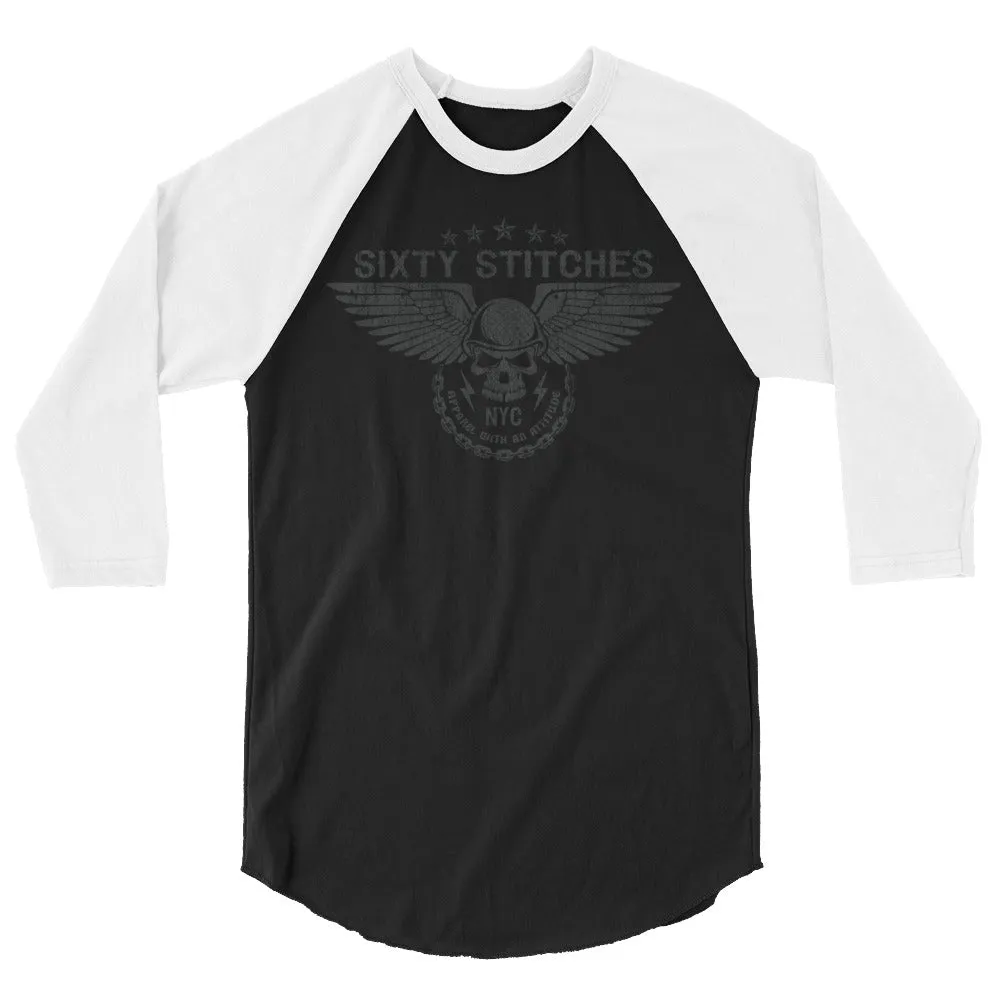 Sixty Stitches Distressed Dark Gray Skull & Wings (NYC) Men’s 3/4 Sleeve Raglan Tee