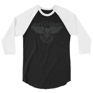 Sixty Stitches Distressed Dark Gray Skull & Wings (NYC) Men’s 3/4 Sleeve Raglan Tee