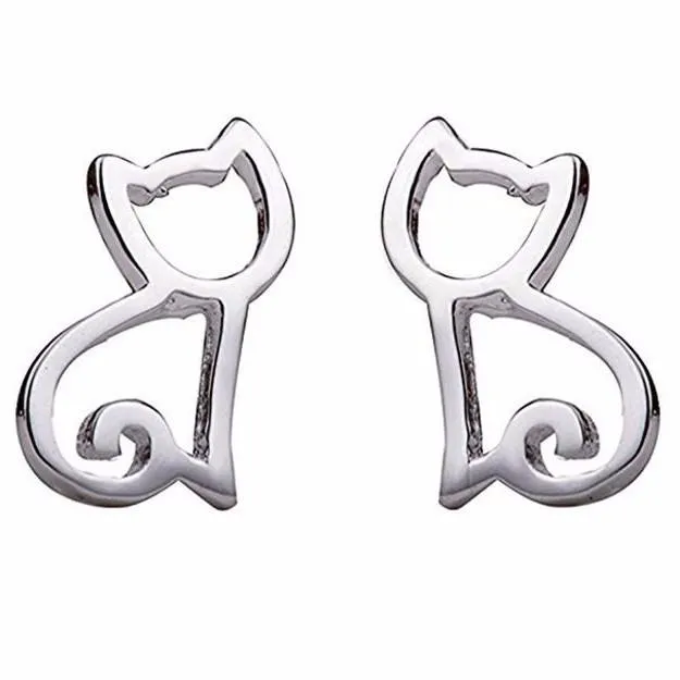Solid Sterling Silver Cute Cat Earrings