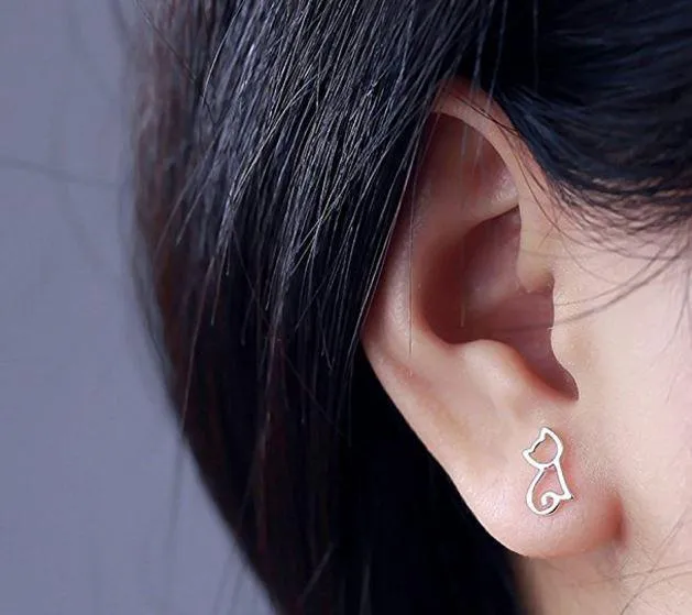 Solid Sterling Silver Cute Cat Earrings