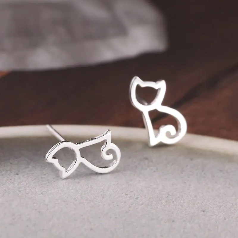 Solid Sterling Silver Cute Cat Earrings