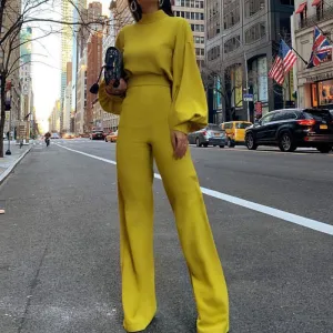 Solid Turtleneck Open Back Jumpsuit