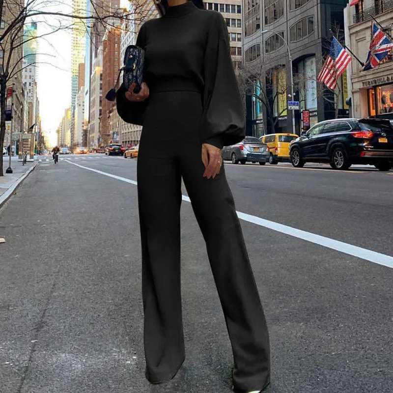 Solid Turtleneck Open Back Jumpsuit