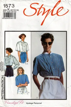 Style 1573 Womens Pleated Bodice Shirts 1980s Vintage Sewing Pattern Size 8 - 12 UNCUT Factory Folded