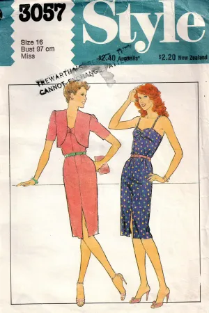 Style 3057 Womens Slim Sundress & Bolero Jacket 1980s Vintage Sewing Pattern Size 16 Bust 38 inches