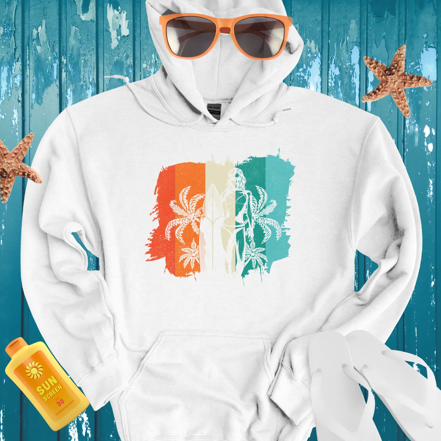 Surf Vibes Hoodie With Retro Beach Surfboard Design