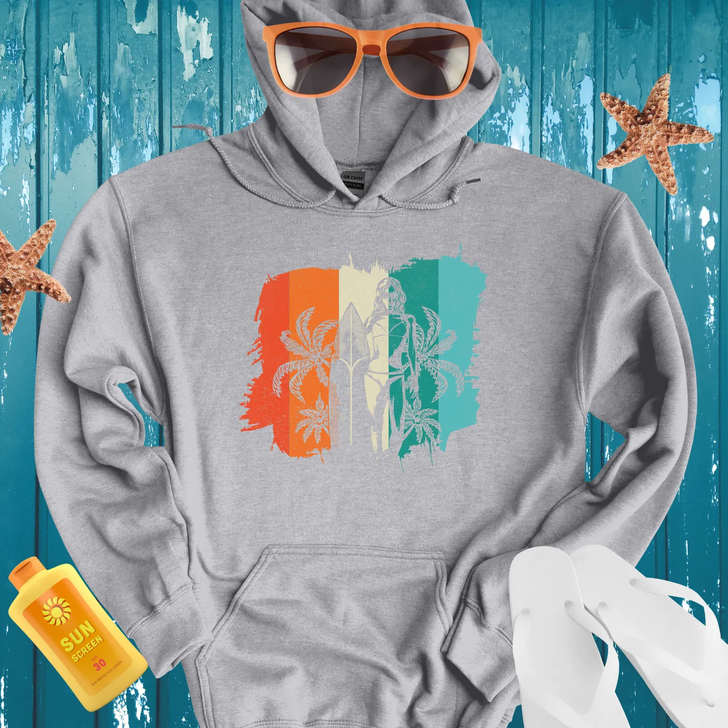 Surf Vibes Hoodie With Retro Beach Surfboard Design