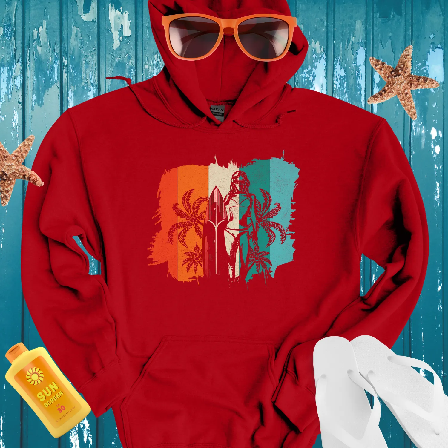 Surf Vibes Hoodie With Retro Beach Surfboard Design