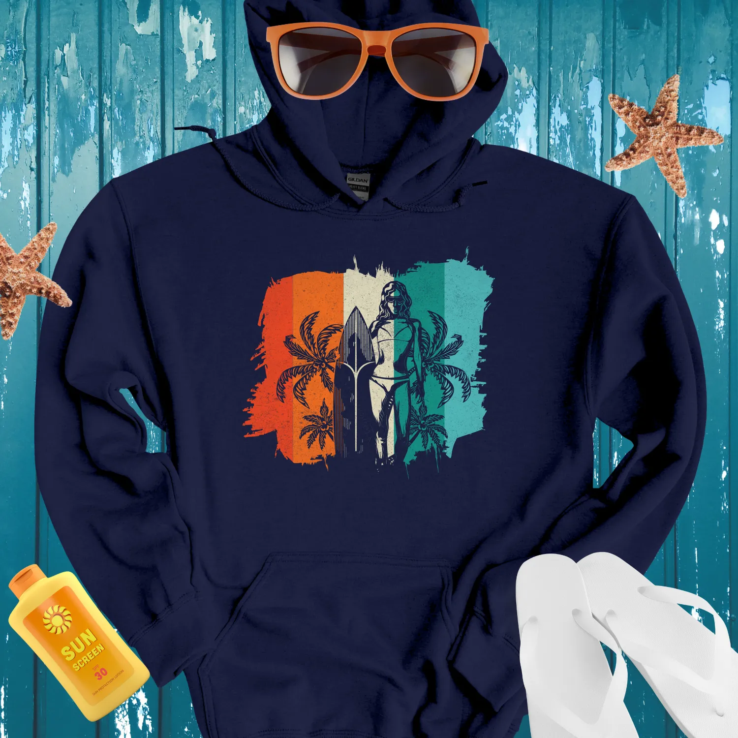 Surf Vibes Hoodie With Retro Beach Surfboard Design