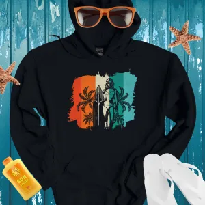 Surf Vibes Hoodie With Retro Beach Surfboard Design