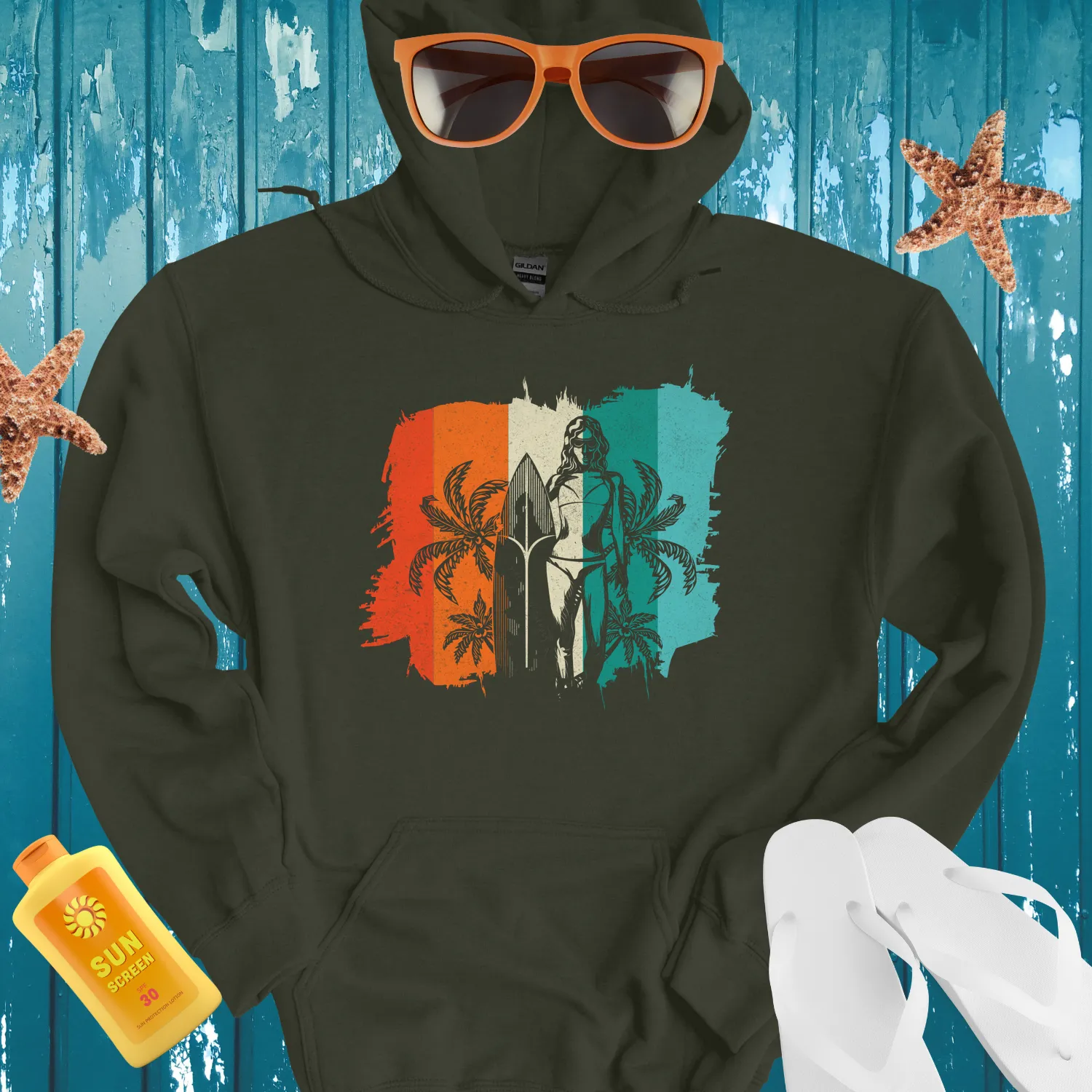 Surf Vibes Hoodie With Retro Beach Surfboard Design