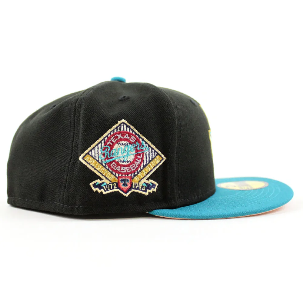 Texas Rangers ARLINGTON STADIUM New Era 59Fifty Fitted Hat (BLACK TITLEWAVE BLUSH SKY Under Brim)
