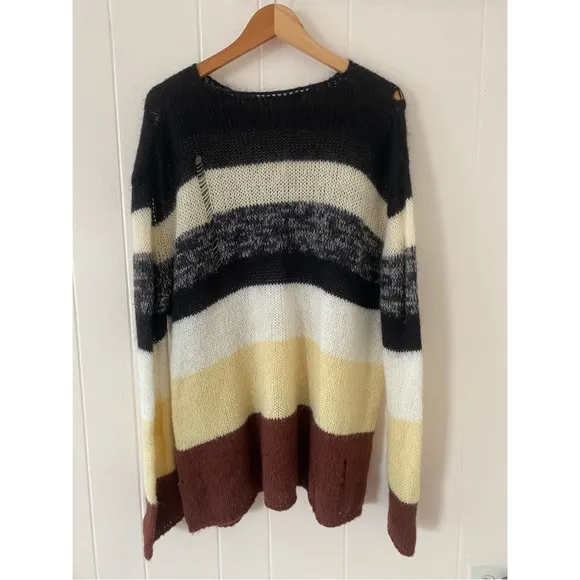The Open Product Colorblock Striped Distressed Wool Sweater Size 2 (Medium)