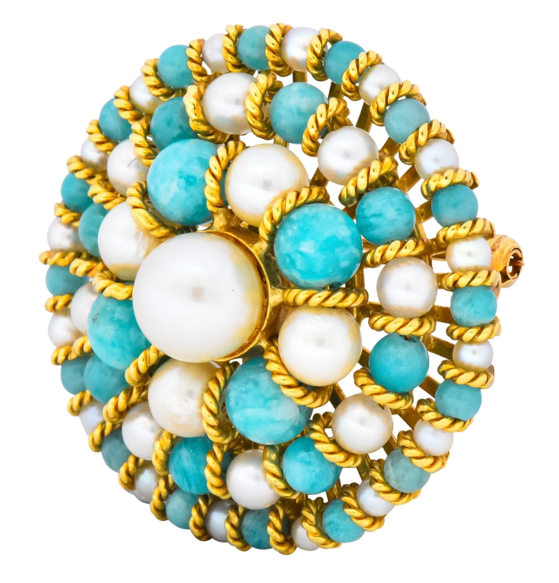 Tiffany & Co. Italy Retro Cultured Pearl Amazonite 18 Karat Gold Brooch