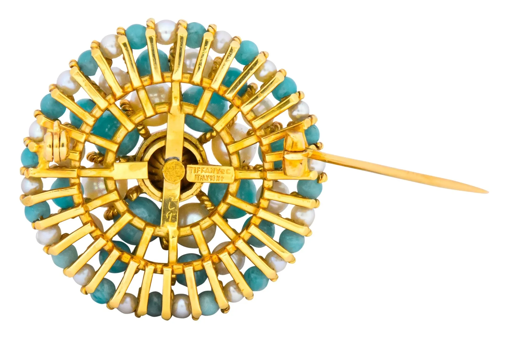 Tiffany & Co. Italy Retro Cultured Pearl Amazonite 18 Karat Gold Brooch