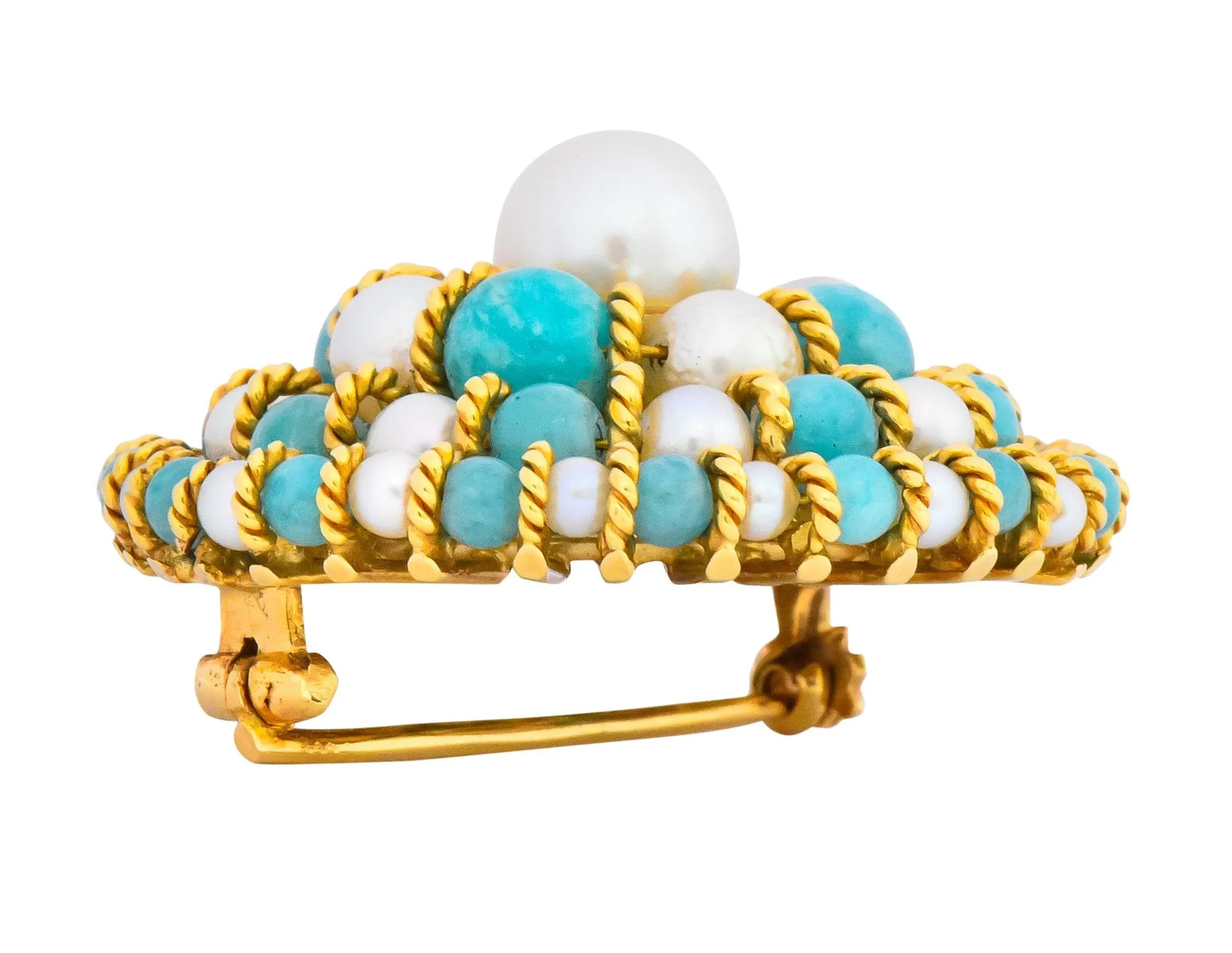 Tiffany & Co. Italy Retro Cultured Pearl Amazonite 18 Karat Gold Brooch