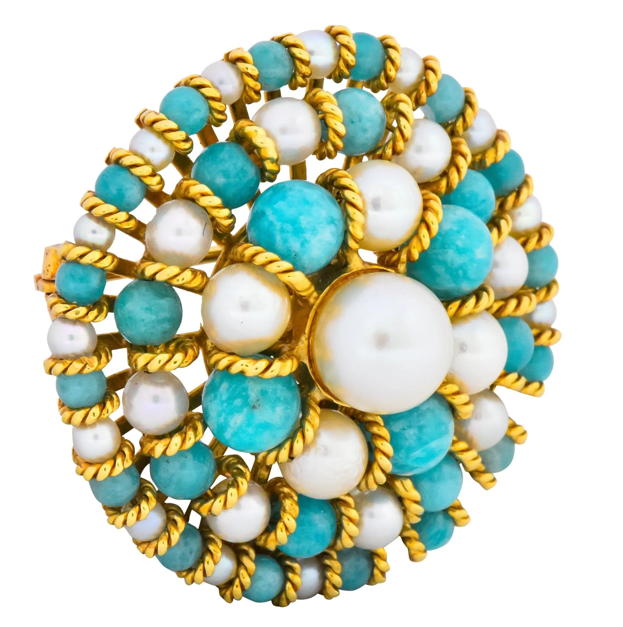 Tiffany & Co. Italy Retro Cultured Pearl Amazonite 18 Karat Gold Brooch