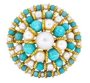 Tiffany & Co. Italy Retro Cultured Pearl Amazonite 18 Karat Gold Brooch