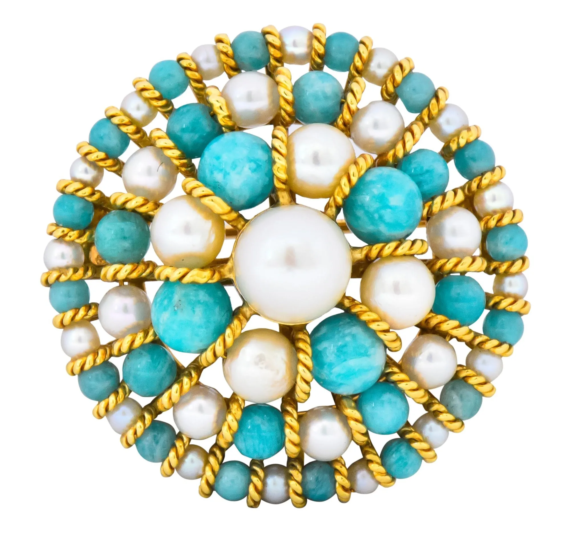 Tiffany & Co. Italy Retro Cultured Pearl Amazonite 18 Karat Gold Brooch