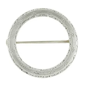 Vintage Art Deco Engraved Circle Brooch in 14 Karat White Gold