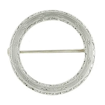 Vintage Art Deco Engraved Circle Brooch in 14 Karat White Gold