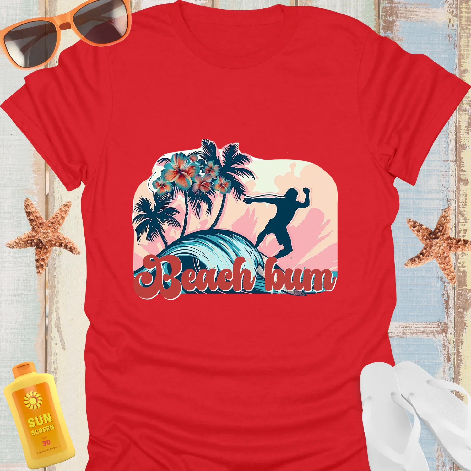Vintage Beach Bum Surfing Tee With Palm Trees Design