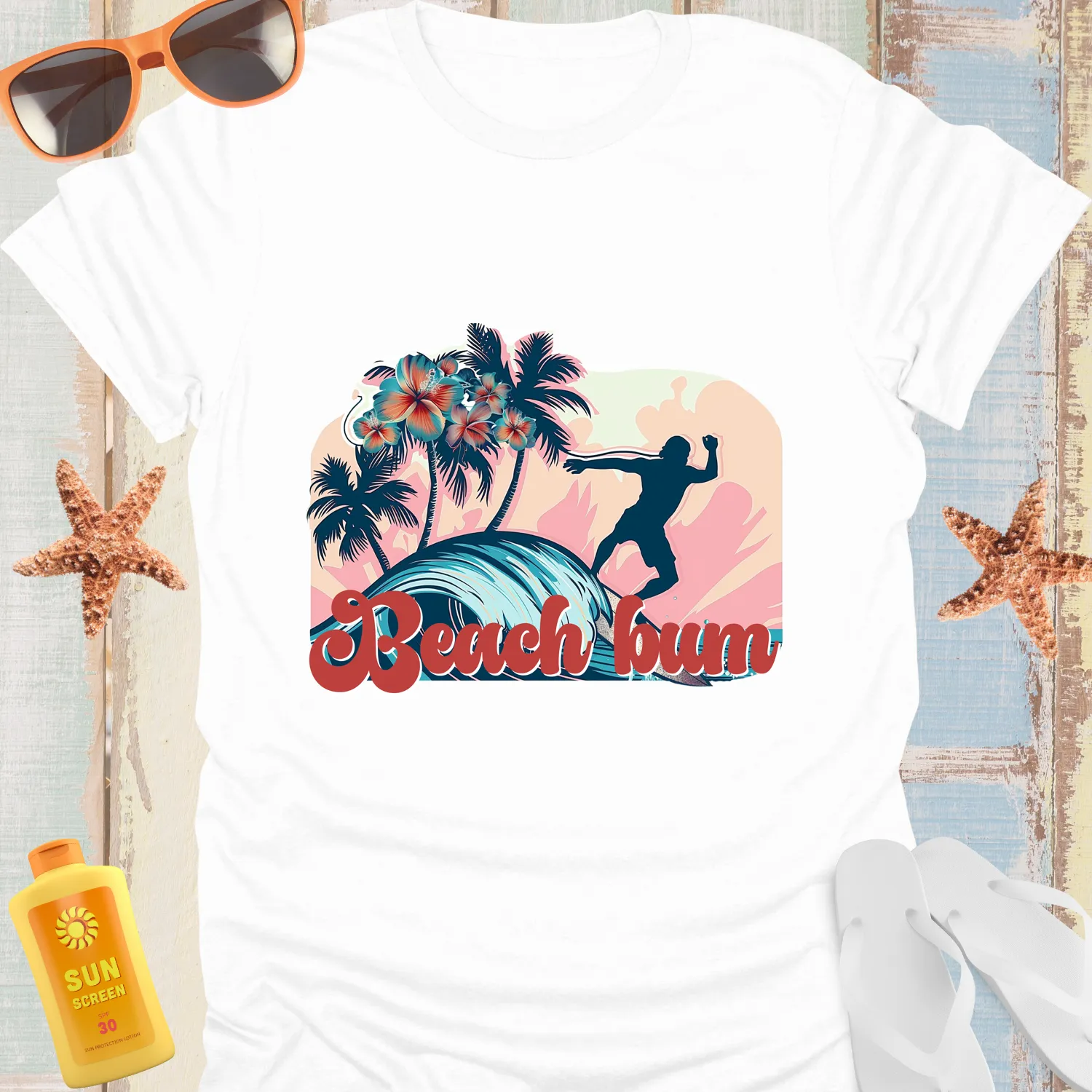 Vintage Beach Bum Surfing Tee With Palm Trees Design