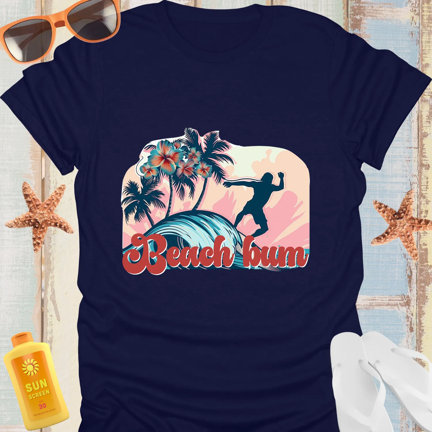 Vintage Beach Bum Surfing Tee With Palm Trees Design