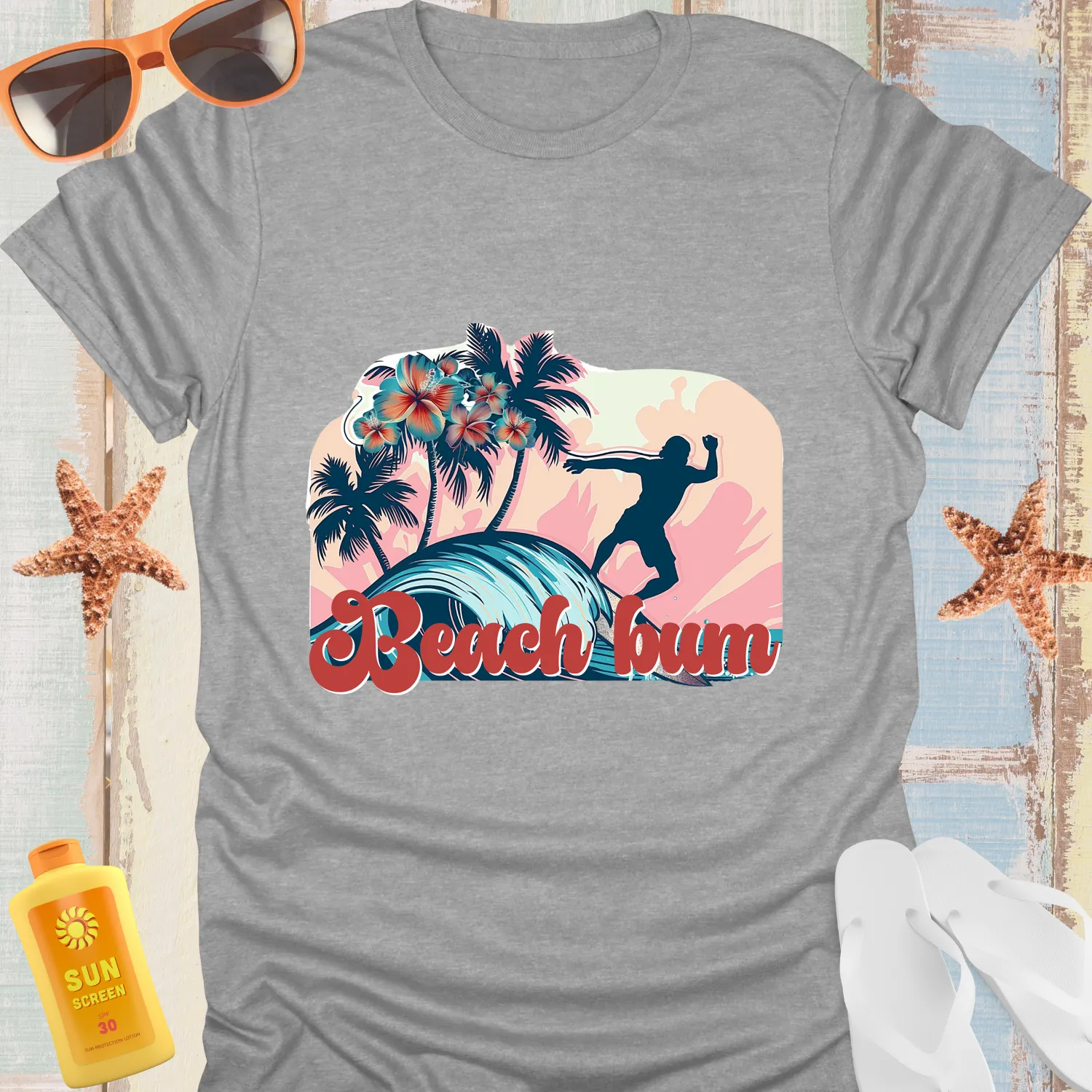 Vintage Beach Bum Surfing Tee With Palm Trees Design