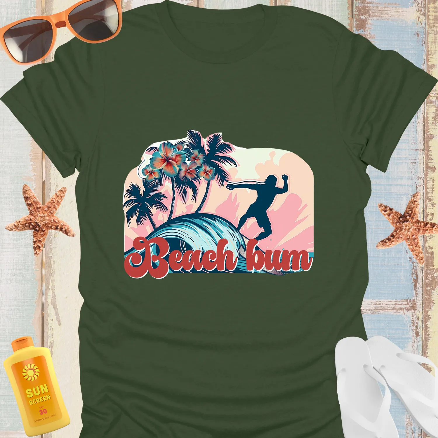 Vintage Beach Bum Surfing Tee With Palm Trees Design